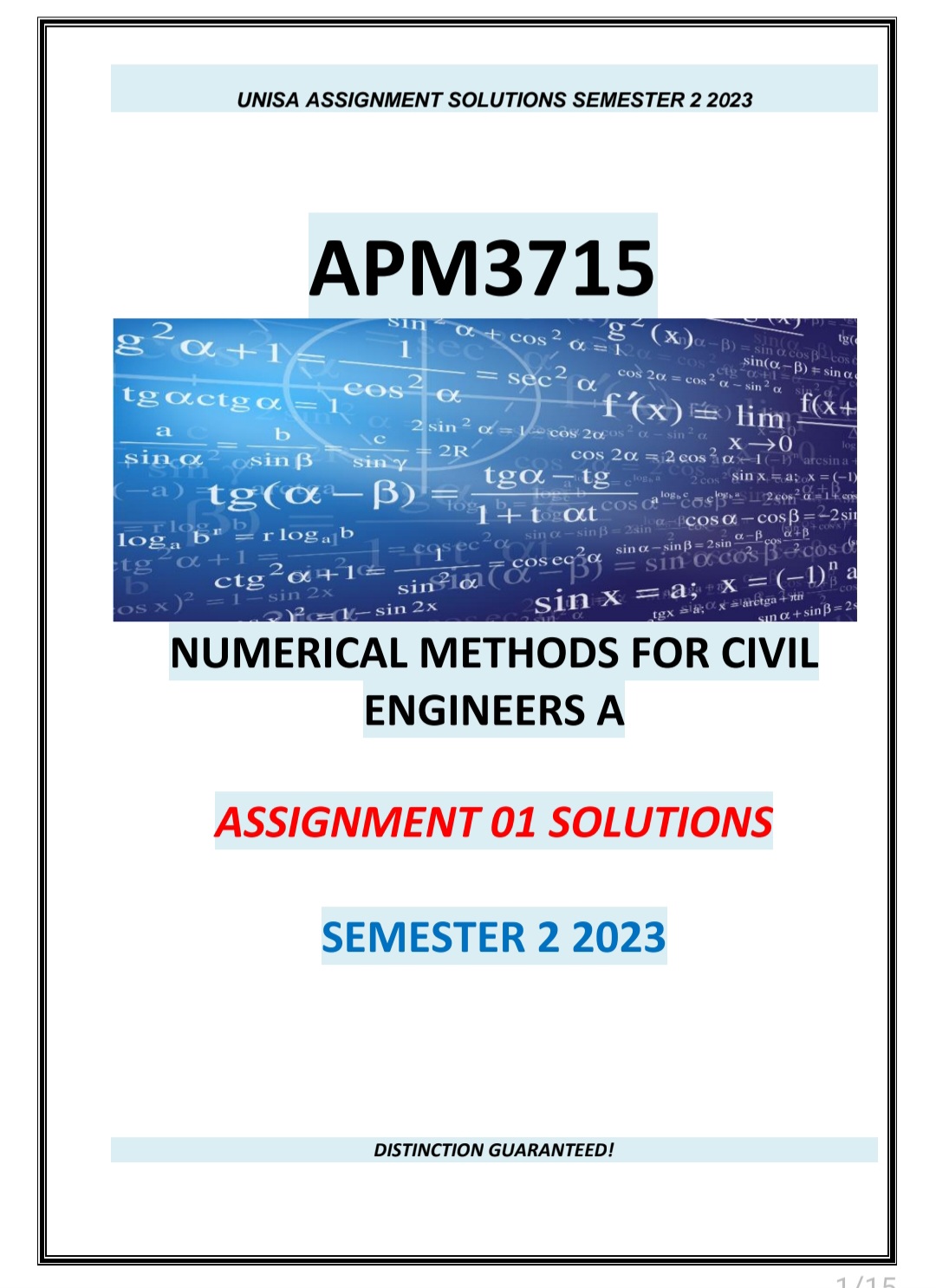 APM3715 ASSIGNMENT 01 MEMO SEMESTER 2 2023