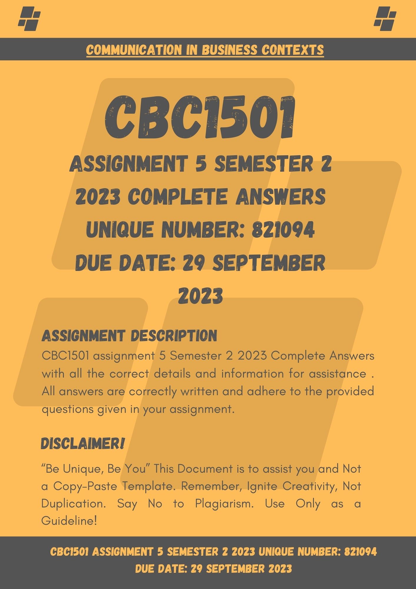 CBC1501 Assignment 5 Semester 2 2023 Unique Number: 821094 Due Date: 29 September 2023 (DISTINCTION GUARANTEED) ๐๐๐๐๐
