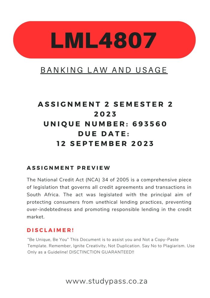 LML4807 Assignment 2 Semester 2 2023 Unique Number: 693560 Due Date: 12 September 2023 (Complete Answers) 🌟🌟🌟🌟🌟