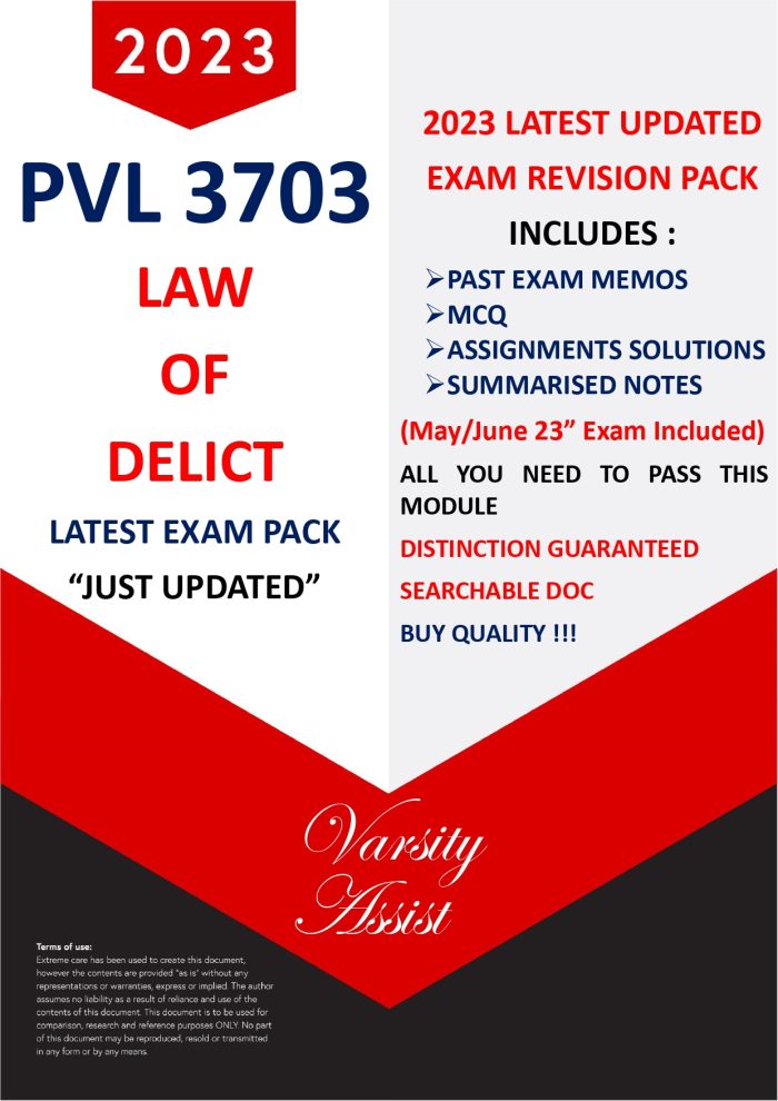 PVL3703-(Law of Delict) “2023” (This is the latest pack updated 2023)⭐⭐⭐⭐⭐ Past Memos (Inc. May 2023 Exam ) Assignment Solutions/Notes/Mcq (Buy Quality!!)Searchable doc💯