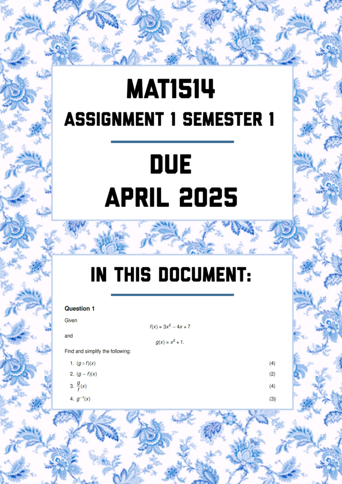 MAT1514 ASSIGNMENT 1 SEMESTER 1 2025 - FULLY ANSWERED