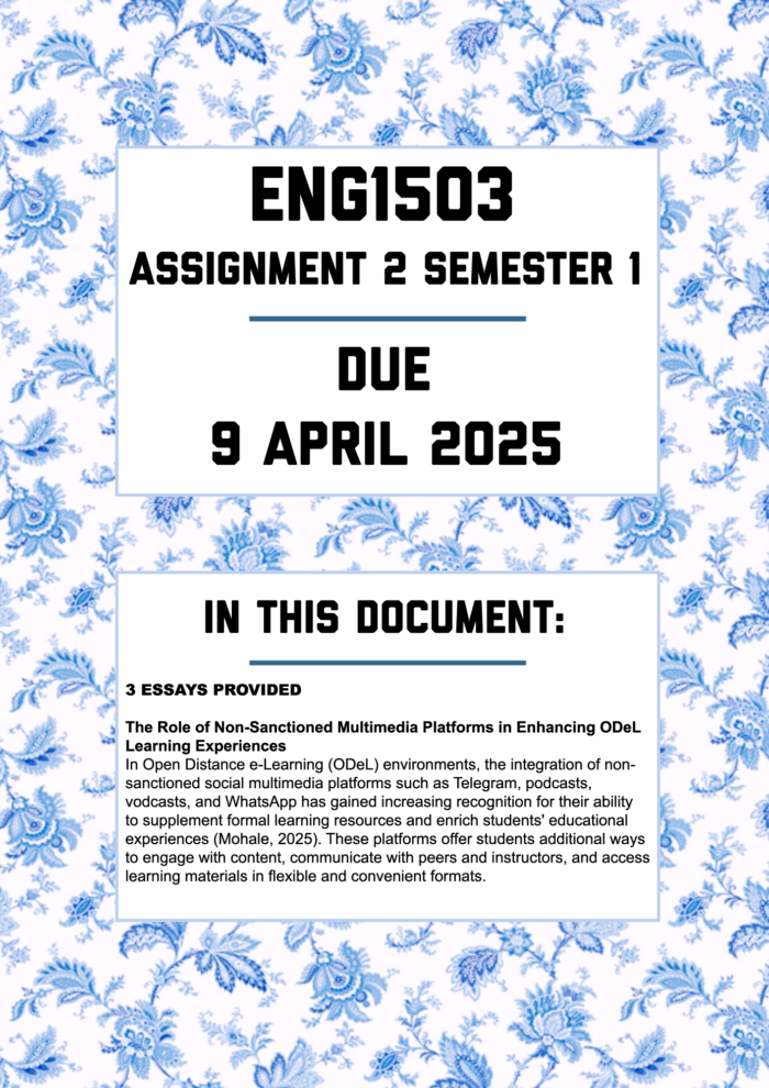 ENG1503 ASSIGNMENT 2 SEMESTER 1 2025 - 3 ESSAYS PROVIDED