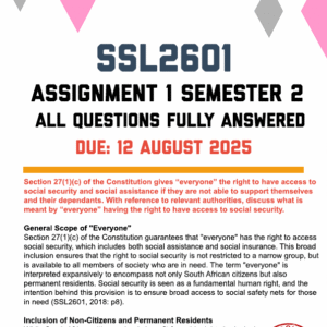 SSL2601 ASSIGNMENT 1 SEMESTER 2 2025 - TWO ANSWERS PROVIDED (DUE 12 AUGUST 2025)