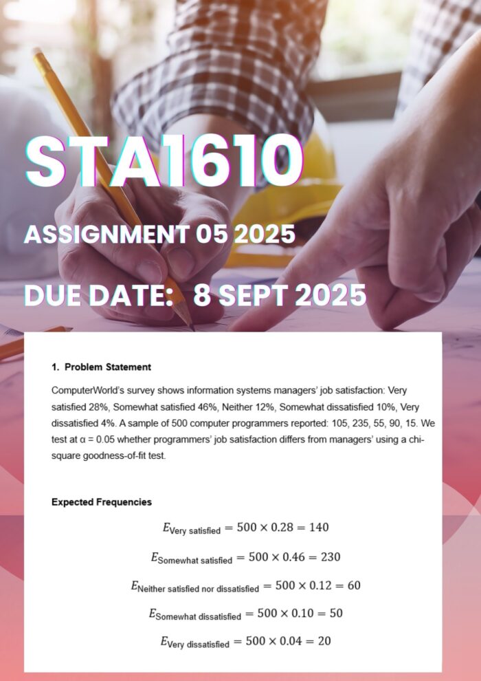 STA1610 ASSIGNMENT 5 2025 MEMO & CALCULATIONS |DUE DATE 8 SEPTEMBER 2025|