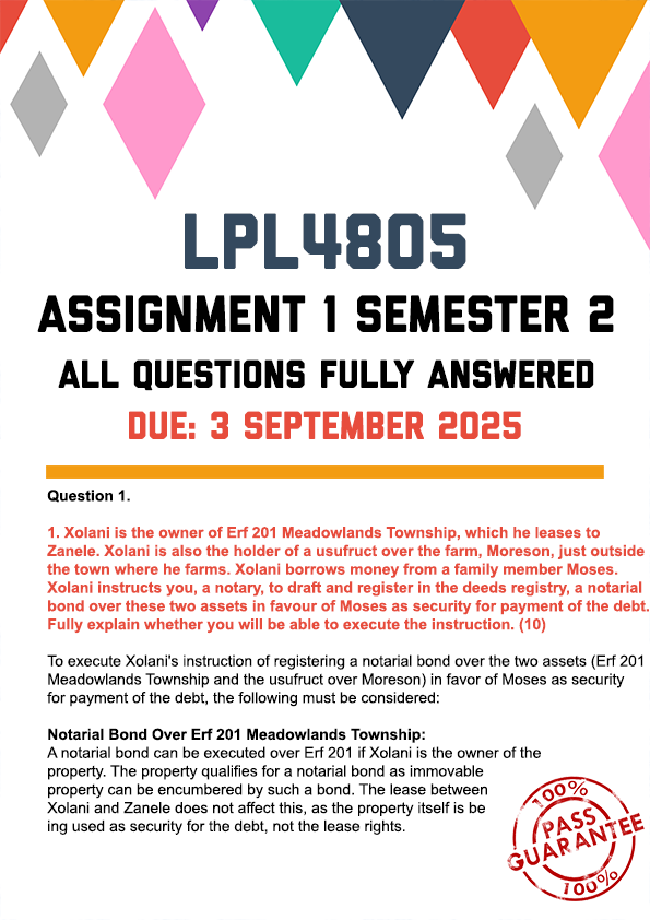 LPL4805 ASSIGNMENT 1 SEMESTER 2 2025 - FULLY ANSWERED (DUE 3 SEPTEMBER 2025)