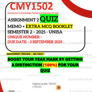 CMY1502 ASSIGNMENT 2 QUIZ MEMO - SEMESTER 2 - 2025 - UNISA – DUE DATE: - 3 SEPTEMBER 2025 (QUIZ ANSWERS - DISTINCTION GUARANTEED!) INCLUDES FREE MCQ BOOKLET