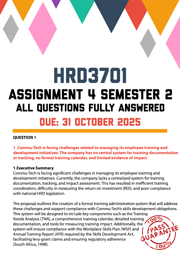 HRD3701 ASSIGNMENT 4 SEMESTER 2 2025 - FULLY ANSWERED (DUE 31 OCTOBER 2025)
