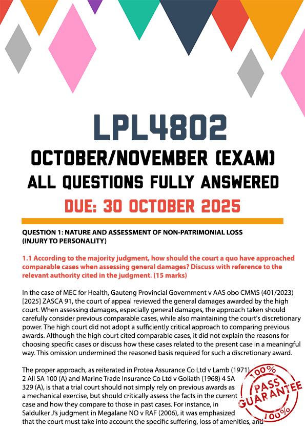 LPL4802 OCTOBER/NOVEMBER (EXAM) 2025 - FULLY ANSWERED (DUE 30 OCTOBER 2025)