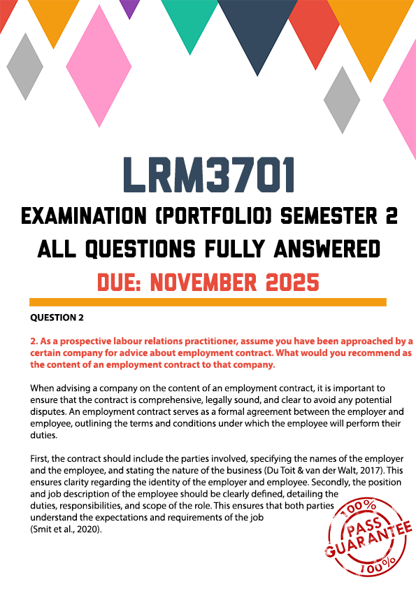 LRM3701 EXAM (PORTFOLIO) SEMESTER 2 2025 - FULLY ANSWERED (DUE NOVEMBER 2025)