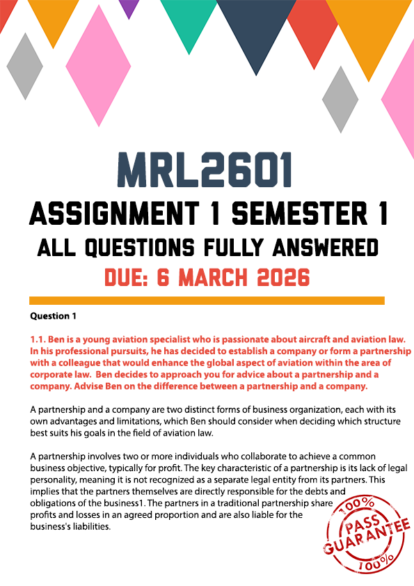 MRL2601 ASSIGNMENT 1 SEMESTER 1 2026 - FULLY ANSWERED (DUE 6 MARCH 2026)