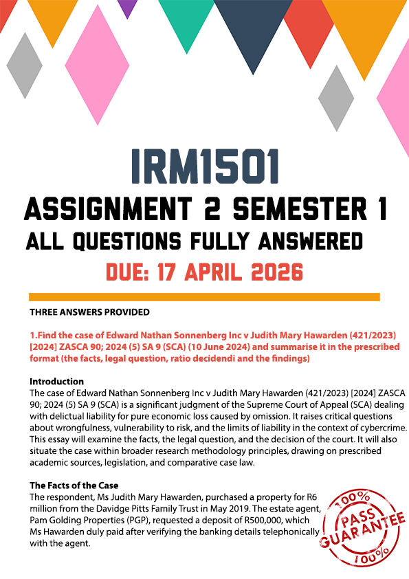 IRM1501 ASSIGNMENT 2 SEMESTER 1 2026 - THREE ANSWERS PROVIDED (DUE 17 APRIL 2026)