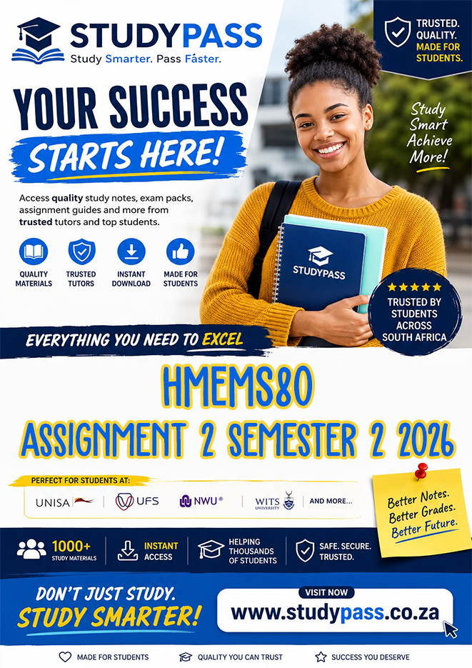 HMEMS80 Assignment 2 Semester 2 2026 (ANSWERS) – Due 31 AUGUST 2026 (100% TRUSTED & BEST ANSWERS)