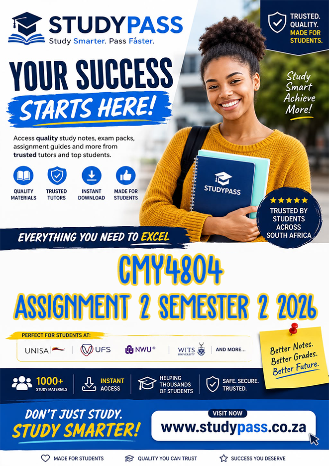 CMY4804 Assignment 2 Semester 2 2026 (ANSWERS) – Due 15 SEPTEMBER 2026 (100% TRUSTED & BEST ANSWERS)